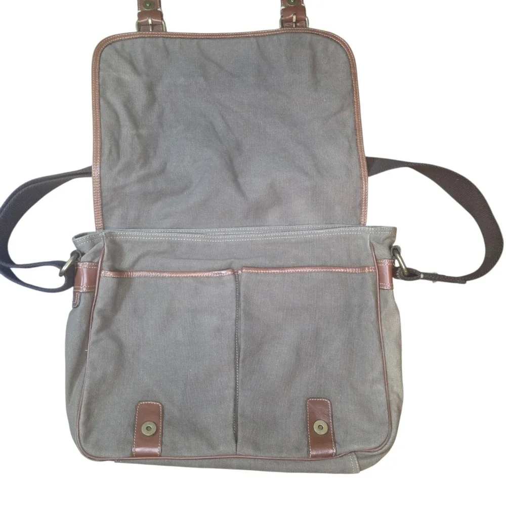 Fossil 54 Brown Canvas Leather Trim Messenger Laptop Bag Crossbody Satchel